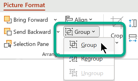 Nella scheda Formato immagine le opzioni di raggruppamento si trovano nella sezione Disponi.