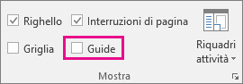 Deselezionare Guide nella scheda Visualizza per non visualizzare più le guide.