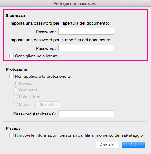Opzione Sicurezza evidenziata nella finestra di dialogo Proteggi con password