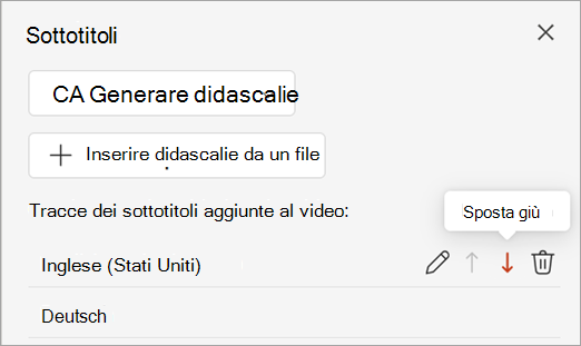 Pulsante Sposta giù per una traccia di didascalie nel riquadro Didascalie.