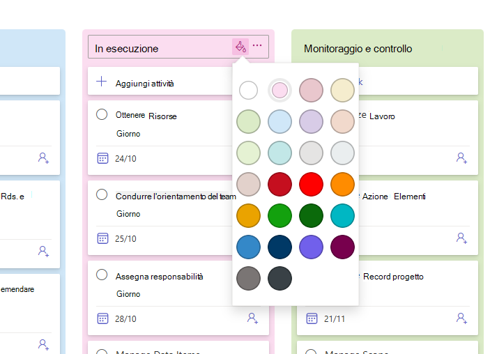 È stato aperto il selettore colori per un contenitore, con 25 colori tra cui scegliere.