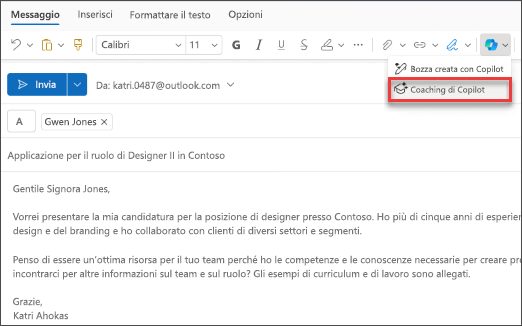 Opzione di menu per Coaching di Copilot nel nuovo Outlook