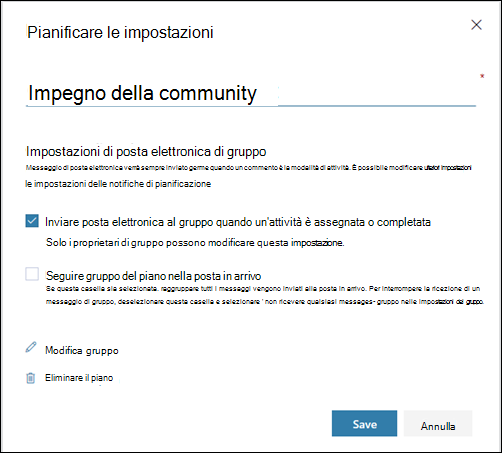 Cattura di schermata: mostra l'impostazione "Invia messaggio di posta elettronica al gruppo del piano..." per le impostazioni del piano