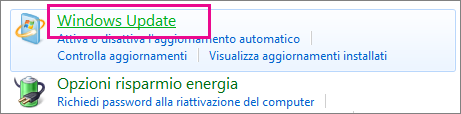 Collegamento Windows Update nel Pannello di controllo