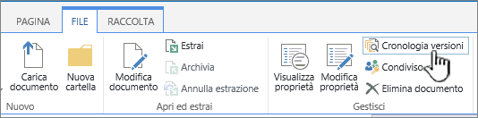 Scheda File con l'opzione Cronologia versioni evidenziata.