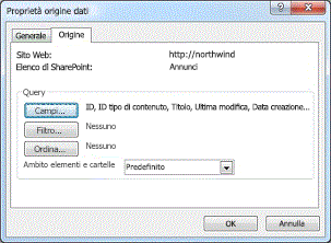 Sezione Query della finestra di dialogo Proprietà origine dati per un elenco o una raccolta SharePoint