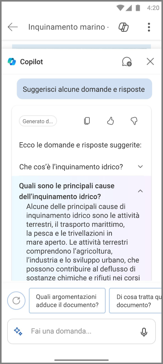 Screenshot di Copilot in Word nel dispositivo Android con la risposta alle domande e risposte suggerite