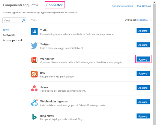 Screenshot dei servizi connessi disponibili in Outlook 2016