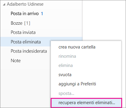 Percorso di menu per accedere alla finestra di dialogo Recupera elementi eliminati in Outlook Web App