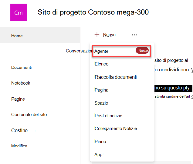 Screenshot della creazione di un nuovo agente copilot dalla home page del sito