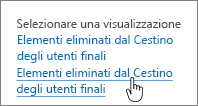 Cestino di SharePoint 2013 con opzione Elementi eliminati dal Cestino degli utenti finali evidenziata