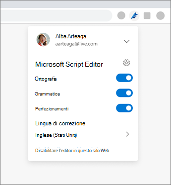 Estensione Microsoft Editor che mostra il menu a discesa nel browser con le impostazioni per l'attivazione e la disattivazione delle opzioni