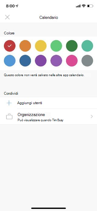 Mostra il calendario in una schermata di un dispositivo mobile. Nella sezione Condividi è disponibile il collegamento "Aggiungi persone".