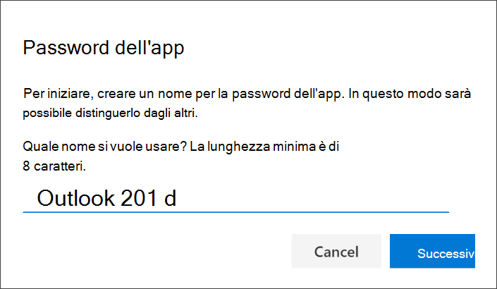 Screenshot che mostra la pagina "Password dell'app", con il nome dell'app immesso