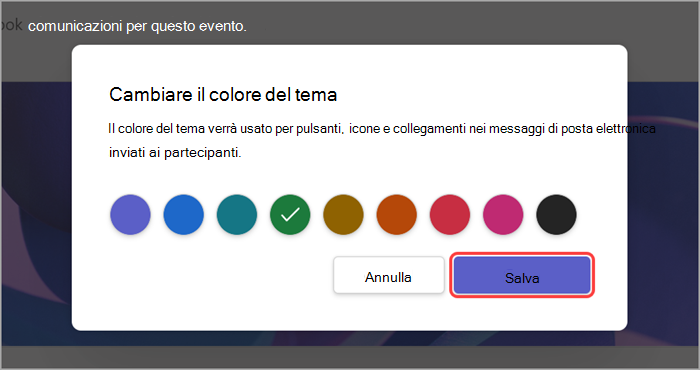 Screenshot dell'interfaccia utente evidenziata che mostra come cambiare il colore del tema di un’assemblea generale