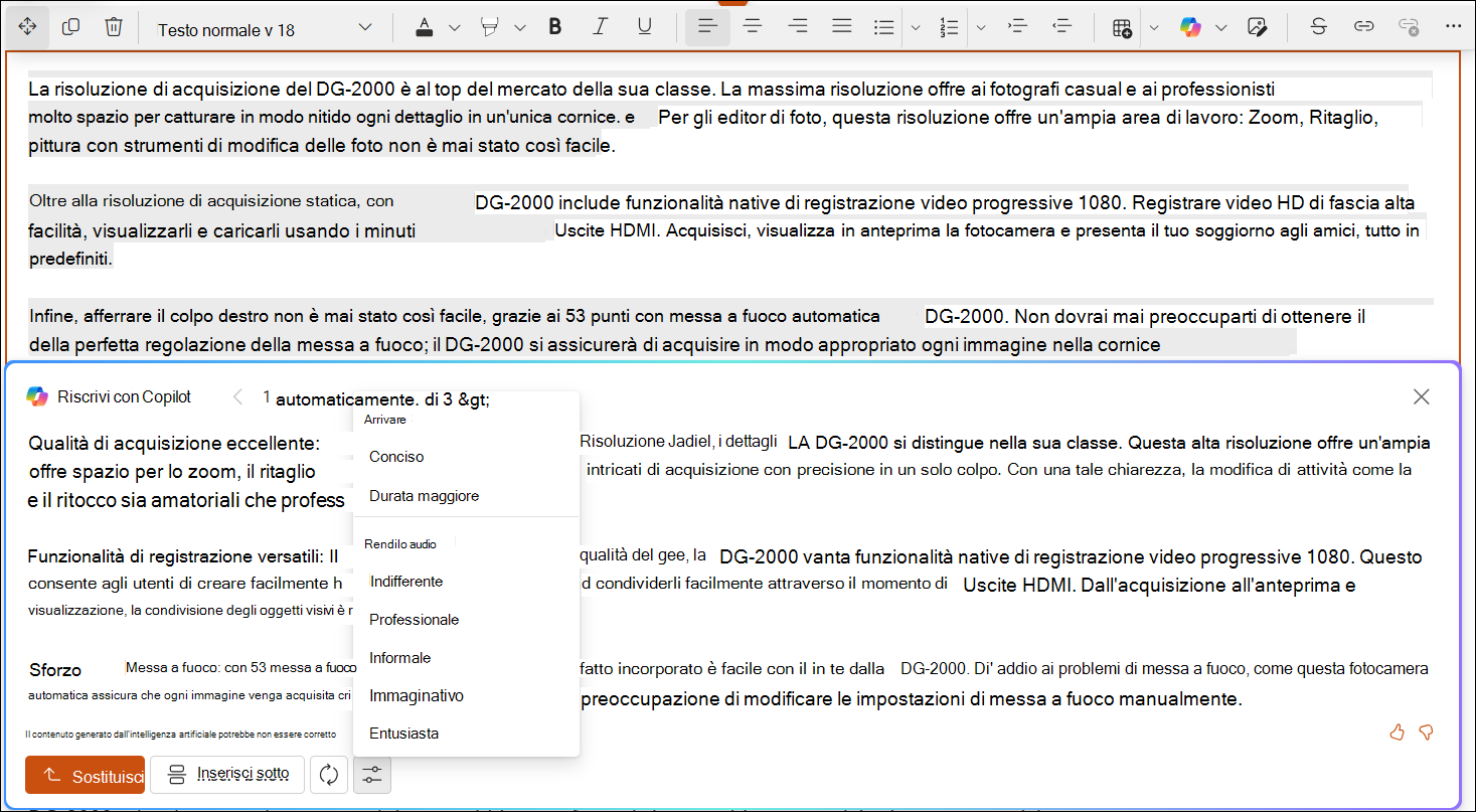 Screenshot di esempio di riscrittura automatica