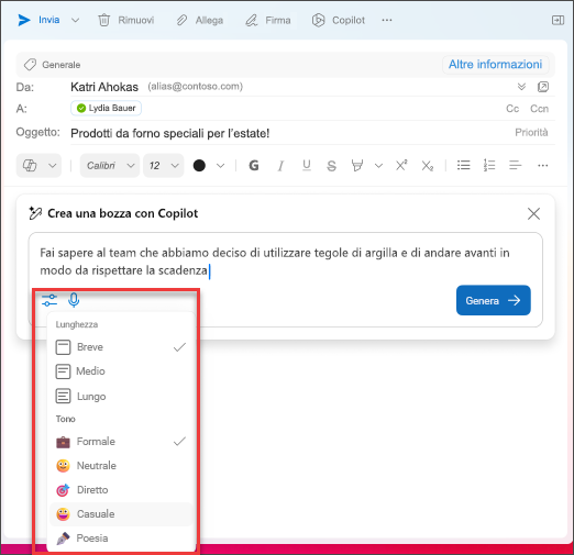 Opzioni di lunghezza e tono da scegliere durante la creazione dei messaggi di posta elettronica in Outlook con Copilot