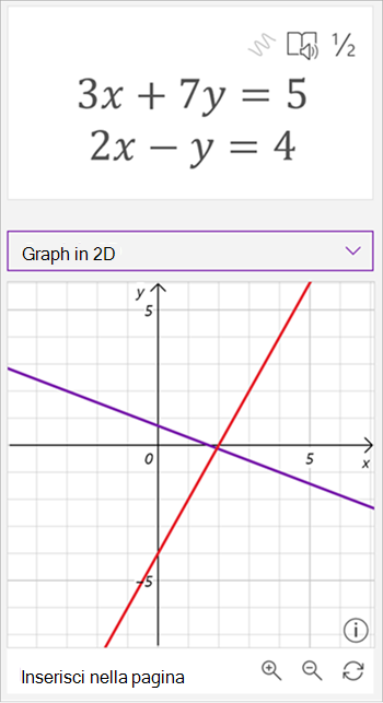 screenshot del grafico generato dall'Assistente equazioni matematiche che mostra le equazioni 3 x più 7 y uguali a 5 e 2 x meno y uguali a 4. il grafico mostra due linee intersecanti, una viola e una rossa.