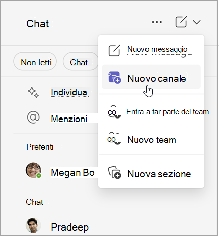 Screenshot della chat di Microsoft Teams con le opzioni per creare un nuovo messaggio, un nuovo canale o un nuovo team. Ha anche la possibilità di entrare a far parte di un team o di creare una nuova sezione.