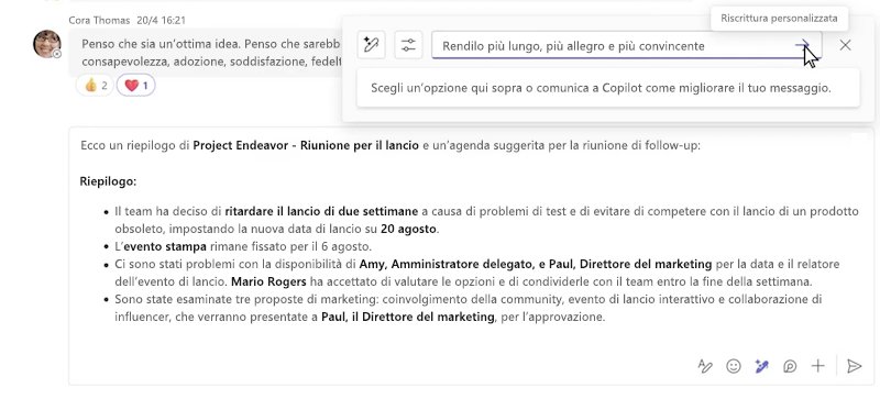 Riscrittura personalizzata di un messaggio con Copilot nella chat di Microsoft Teams.