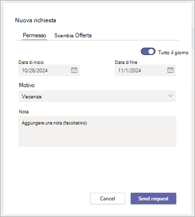 Finestra di dialogo Nuova richiesta in Turni, che mostra la scheda Permesso per richiedere permessi.