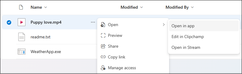 Usare apri nell'app per aprire il file nel file desktop