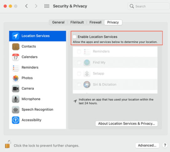 Immagine che mostra la finestra Sicurezza e privacy con i servizi di localizzazione attivati. 