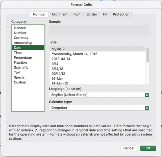 Finestra di dialogo Formato data