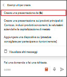 Screenshot del menu di richiesta di Copilot in PowerPoint con l'opzione Crea una presentazione da file evidenziata