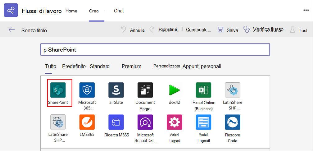 screenshot della selezione dell'app SharePoint