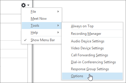 Opzioni degli strumenti del menu opzioni di Skype