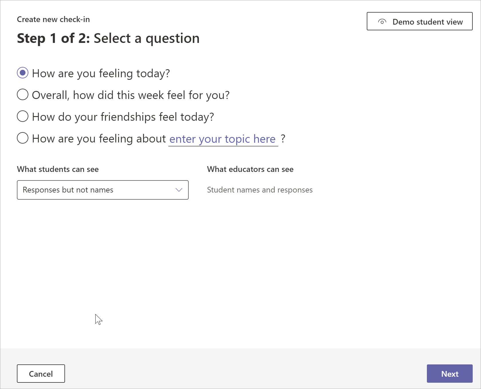 reflect step including selecting a question and setting privacy