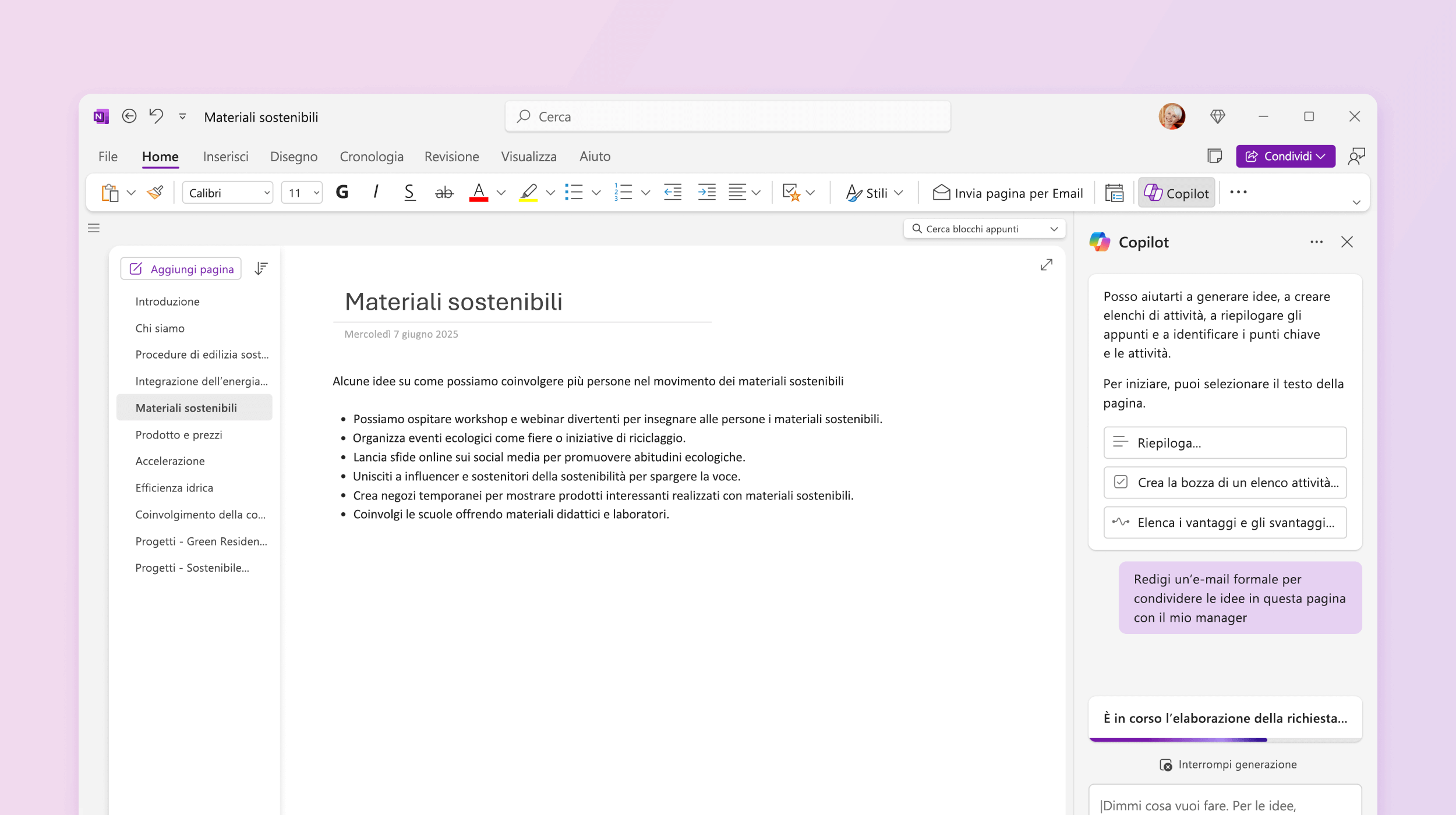 Screenshot che mostra Copilot in OneNote che redige un piano.