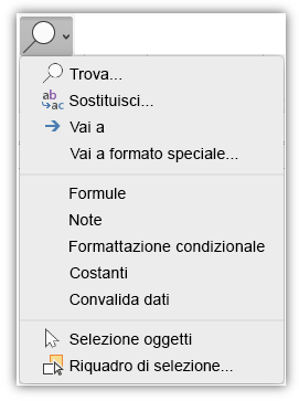 Schermata che mostra il menu Trova e seleziona che è stato aggiunto alla scheda Home della barra multifunzione.