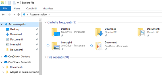 Esplora file in Windows 10 cartelle Desktop, Documenti e Immagini in OneDrive