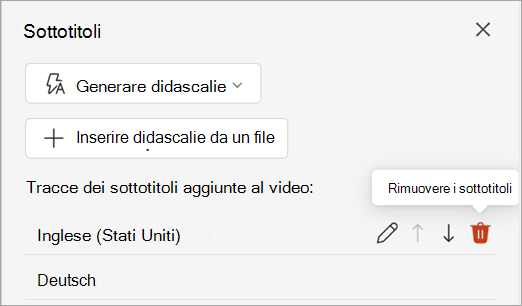 Pulsante Rimuovi didascalie per una traccia di didascalie nel riquadro Didascalie.