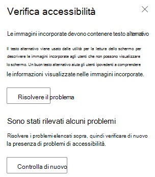 Il riquadro Verifica accessibilità in Outlook per il Web che mostra un problema di accessibilità e i pulsanti Correggi questo e Ricontrolla.