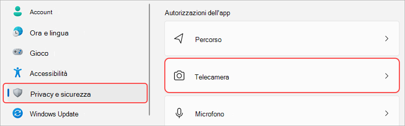 Impostazioni di Windows con l'interfaccia utente della fotocamera evidenziata.