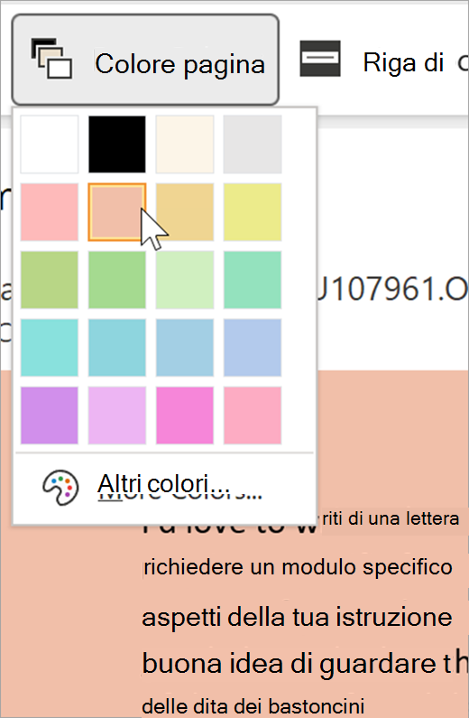 screenshot dell’elenco a discesa del colore della pagina per lo strumento di lettura immersiva. Viene visualizzata una tavolozza di colori e lo sfondo visibile dietro l'elenco a discesa è di colore arancione pastello.