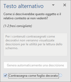 Riquadro Testo alternativo con l'opzione Segna come decorativo selezionata in Word per Windows.
