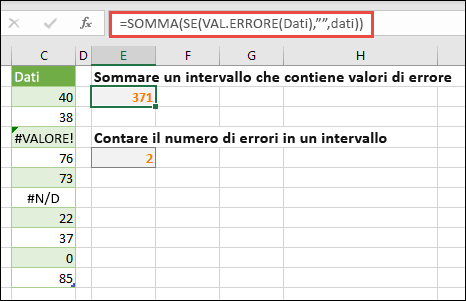 Usare le matrici per gestire gli errori. Ad esempio,=SOMMA(SE(VAL.ERRORE(Dati),"",Dati) sommerà l'intervallo denominato Dati anche se include errori come #VALORE! oppure #N/D.