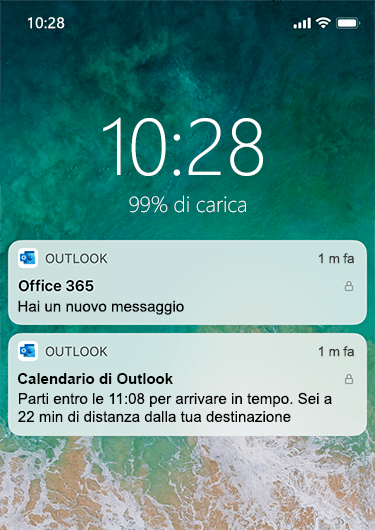 Immagine che mostra la schermata di blocco di un iPhone con le notifiche di Outlook senza informazioni dettagliate, tranne la presenza di un messaggio ricevuto.