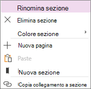 Opzione Rinomina sezione evidenziata nel menu di scelta rapida della sezione in OneNote per Windows 10.