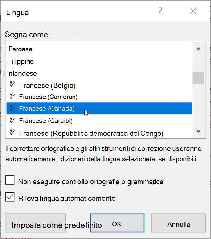Screenshot da Word. Popup elenca le lingue che è possibile selezionare. "Rileva lingua automaticamente" è selezionato. 