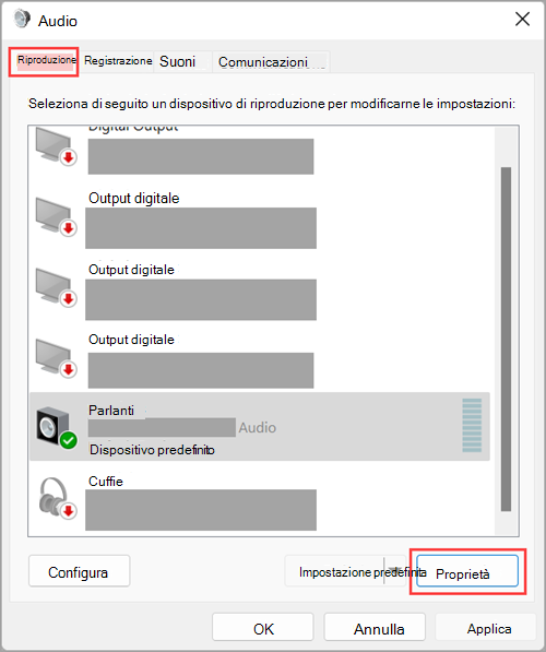 Accedere alle proprietà del dispositivo di output audio nelle Impostazioni audio in Windows 11.