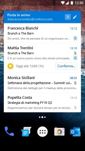 Widget della posta elettronica di Android nella modalità larga