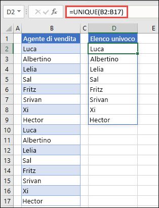 Funzione UNICI usata per ordinare un elenco di nomi