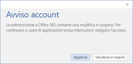 Fare clic su Aggiorna per aggiornare Office dopo il passaggio a un altro piano di Office 365 nell'organizzazione.