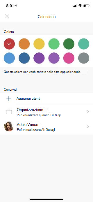 Mostra la schermata di un dispositivo mobile con "Calendario" nella parte superiore. Sotto la sezione "Condividi" sono disponibili alcune opzioni e il nome di una persona che è stata aggiunta.