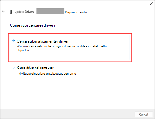 Cercare driver audio nelle Impostazioni in Windows 11.